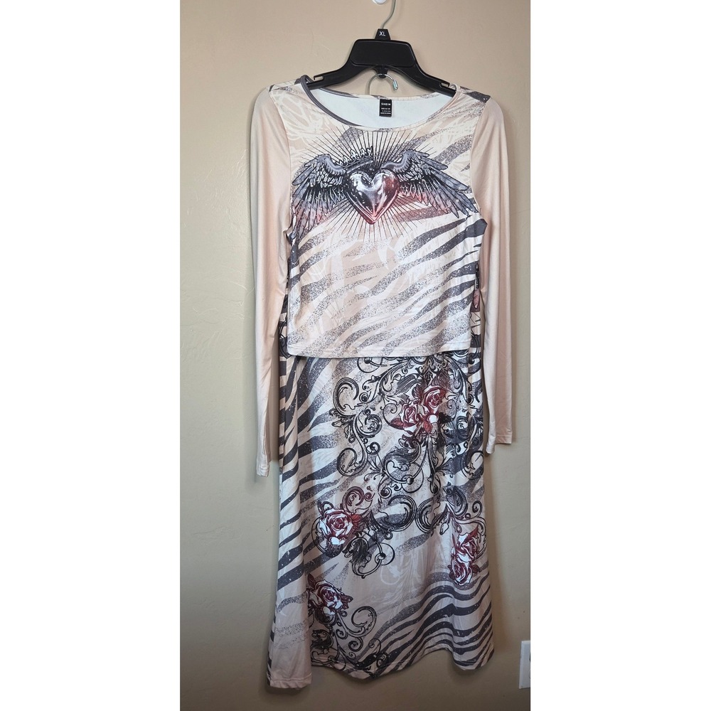 Women's 2 Piece Set Winged Heart Top & Skirt Tan Large